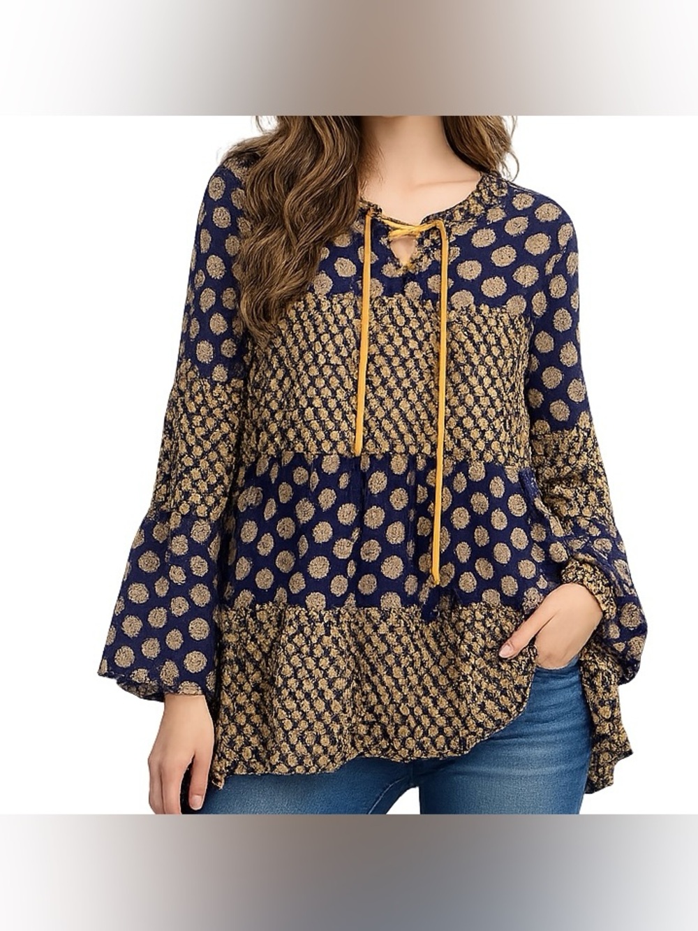 Earthbound Trading Co. Boho Floral Peasant Blouse Navy Yellow Tassel Medium